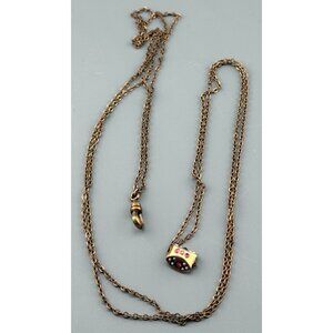 Antique Gold Filled Watch Chain 48" Dunn & Co Dog Clip Pearl Red Stone Fob